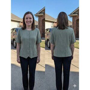 Alfred Dunner Vintage Made in USA 16W Plus Sage Green Button Up Blouse Top...